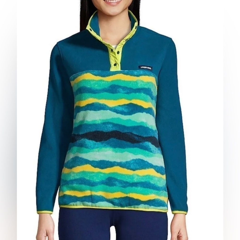 Lands' End Heritage Teal Mountain Ombre Print Snap Mock Fleece Pullover Gorpcore